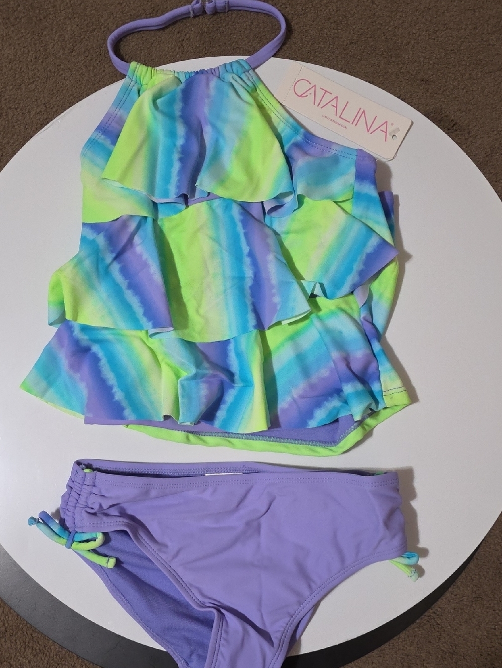 Catalina Girls' Lavender, Lime & Aqua Ruffle Tankini Set